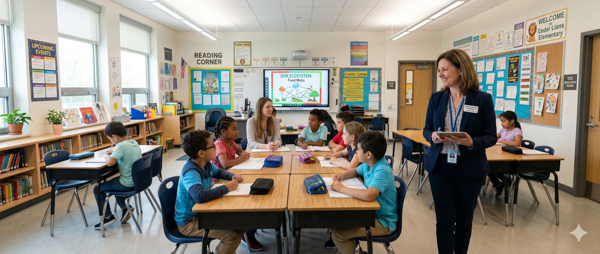Principal observing classroom reading instruction
